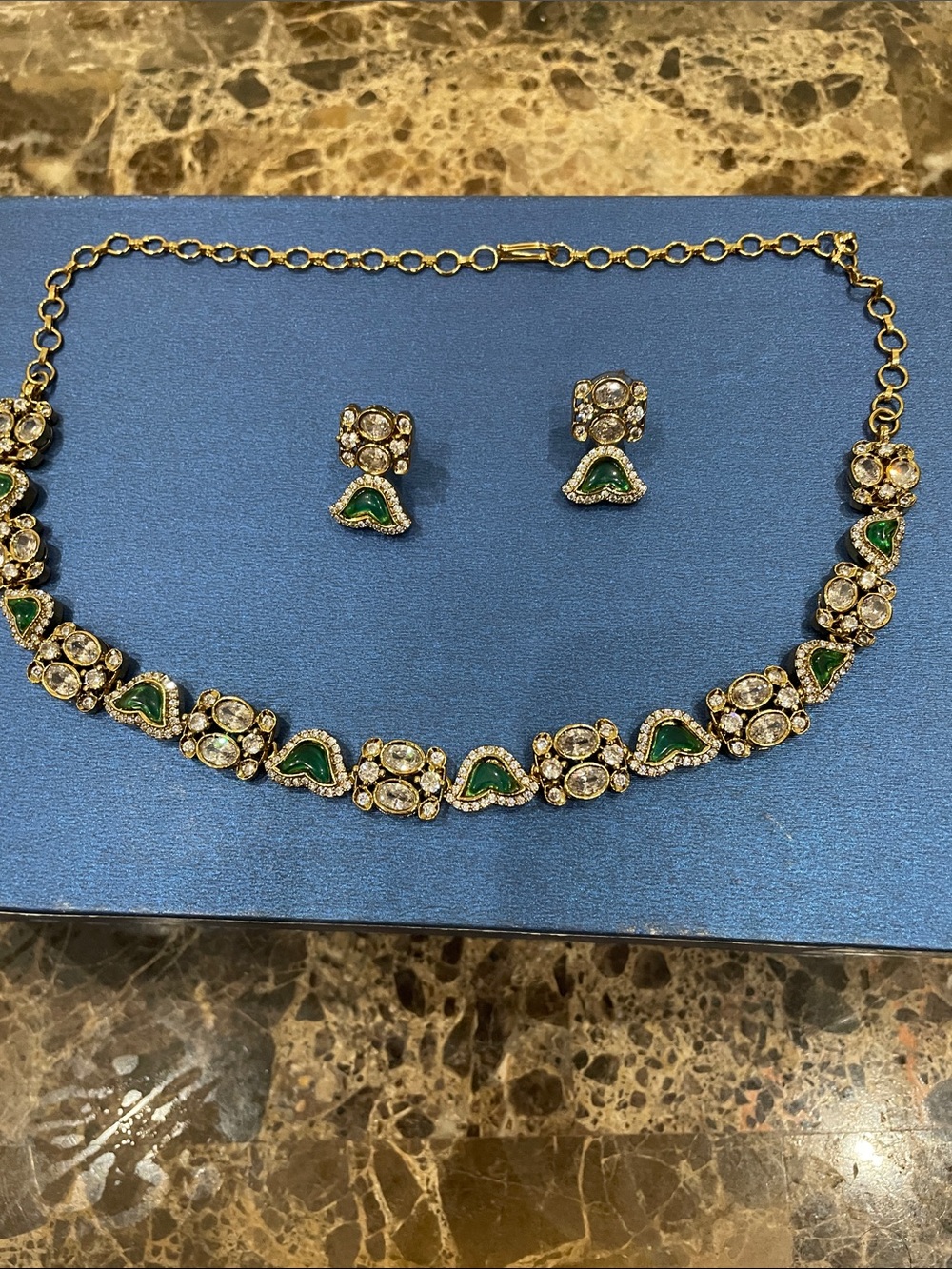 Gold-Tone Green and Clear Crystal Statement Necklace with Matching Earrings